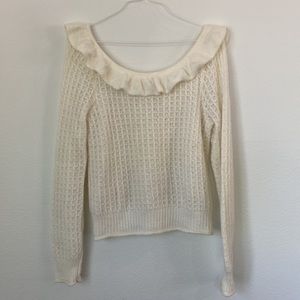 Anthropologie wool blend waffle knit cream ruffle off shoulder sweater SIZE L